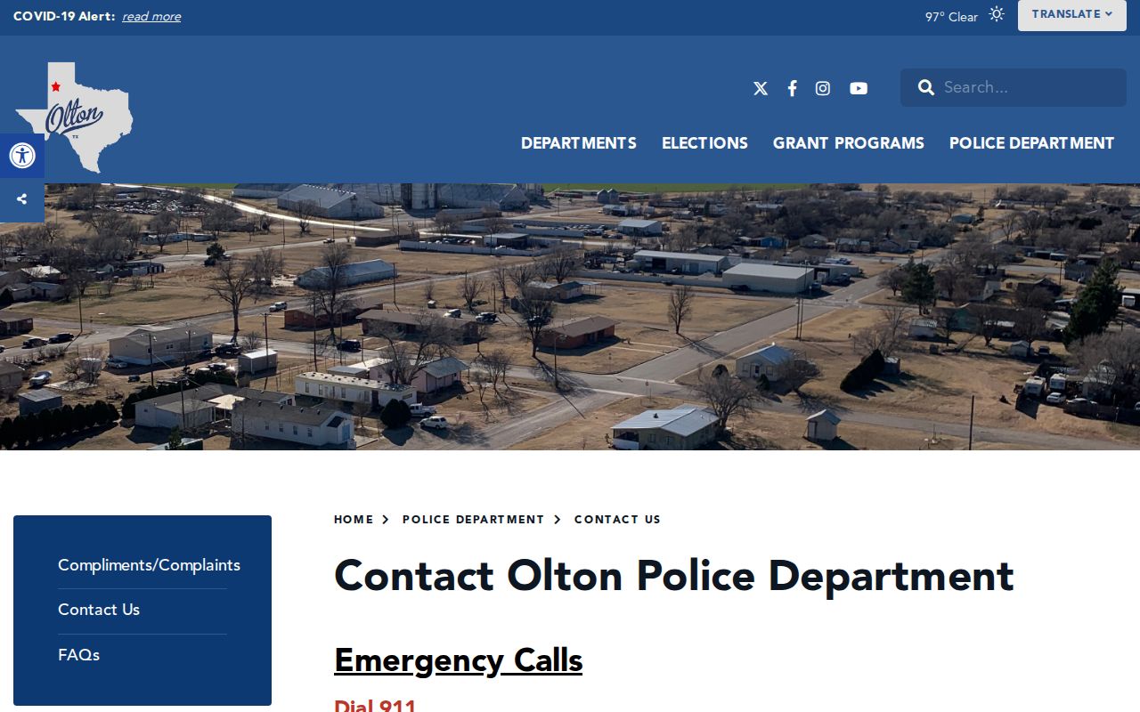 Olton Police Department official contact page with records clerk information